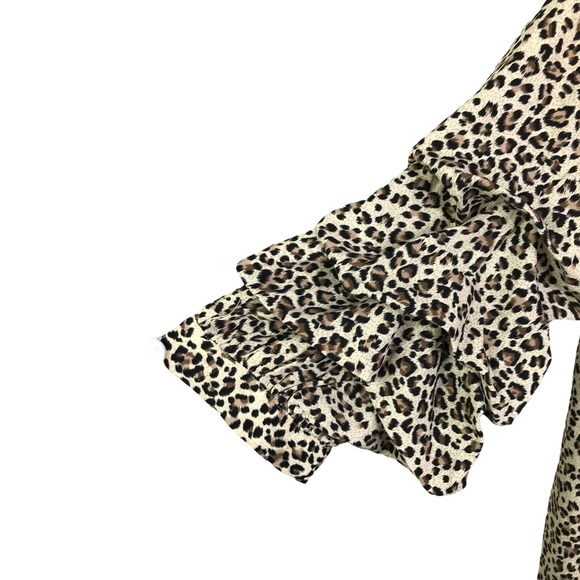 P.Luca Milano Women's Tunic Top Hi-Lo Puff Gathered Sleeves Brown Leopard L NWT - Picture 4 of 11